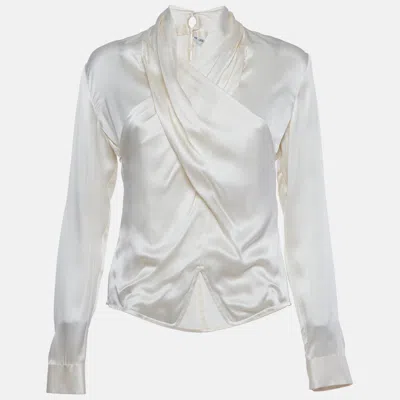 Pre-owned Giorgio Armani Vintage Cream Silk Draped Blouse S In White