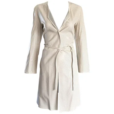Pre-owned Giorgio Armani Vintage  1990s Ivory Beige Perforated Leather 90s Trench Jacket In White