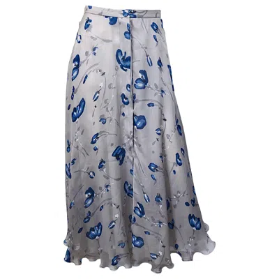 Pre-owned Giorgio Armani Vintage  Light Grey + Blue Watercolor Flowers Silk Maxi Skirt In Gray