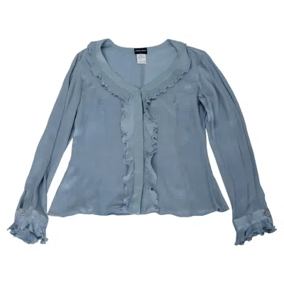 Pre-owned Giorgio Armani Vintage  Silk Blouse With Ruffled Collar, Front, And Cuffs In Gray