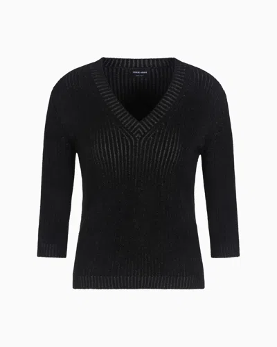 Giorgio Armani Virgin Wool And Viscose-blend V-neck Jumper In Black