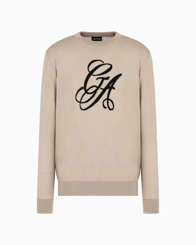 Giorgio Armani Virgin-wool, Crew-neck Jumper With Logo In Beige