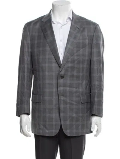 Pre-owned Giorgio Armani Virgin Wool Plaid Print Blazer In Gray