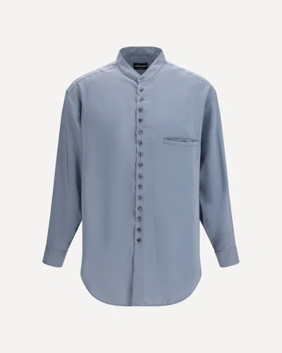 Giorgio Armani Washed Silk Shirt With Band Collar In Blue