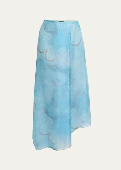 Giorgio Armani Official Store Silk Organza Asymmetric Skirt With A Floral Print In Lt Blue 1