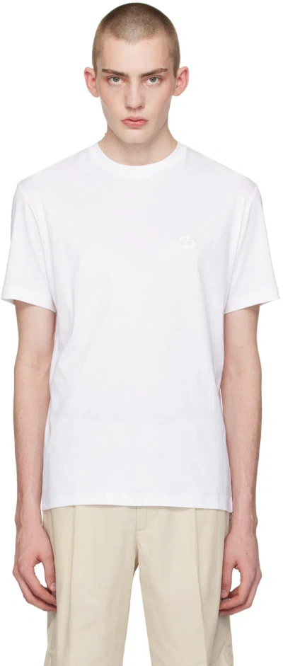 Giorgio Armani White Embroidered T-shirt In U090 Bianco Ottico