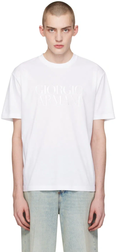 Giorgio Armani White Embroidered T-shirt In U090 Bianco Ottico