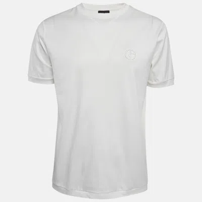 Pre-owned Giorgio Armani White Logo Embroidered Jersey T-shirt M