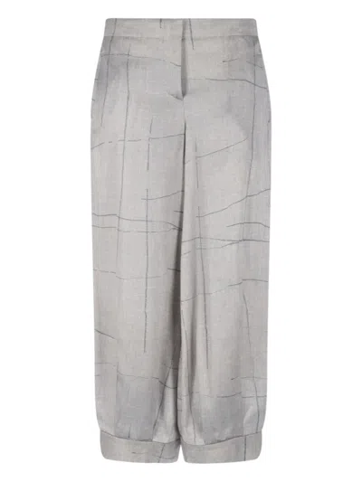 GIORGIO ARMANI WIDE-LEG GREY SILK PANTS WITH IRREGULAR STRIPE PRINT