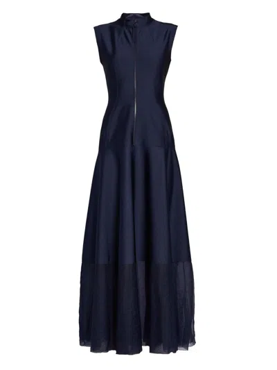 Giorgio Armani Sleeveless Sheer Tiered Zip Maxi Dress In Blue