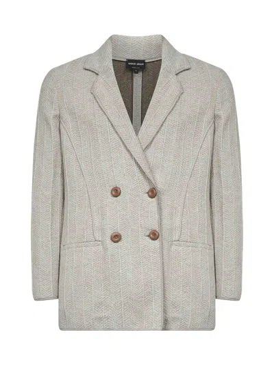 GIORGIO ARMANI GIORGIO ARMANI WOMEN BEIGE JACQUARD JERSEY DOUBLE-BREASTED JACKET