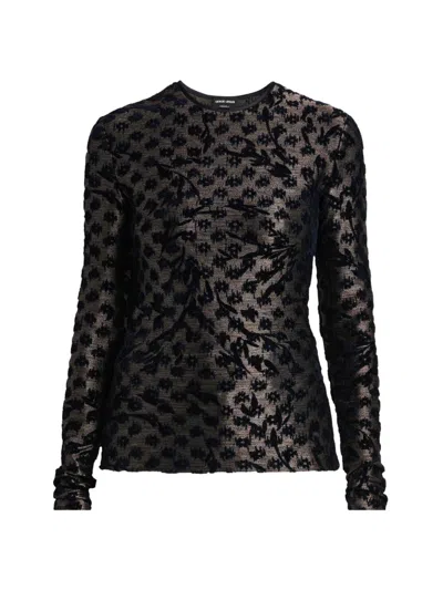 Giorgio Armani Floral Metallic Burnout Long-sleeve Top In Black