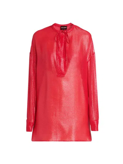 Giorgio Armani Women's Textured-sheen Sheer Silk-blend Tunic-style Blouse In Red