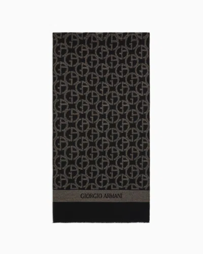 Giorgio Armani Official Store Wool Scarf With Jacquard Monogram In Brown