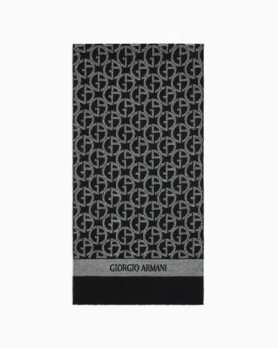 Giorgio Armani Official Store Wool Scarf With Jacquard Monogram In Pattern