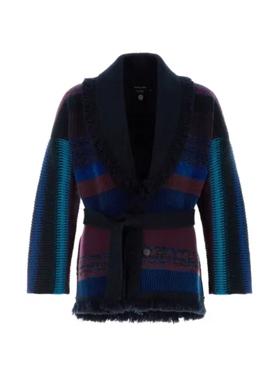 Giorgio Armani X Alanui Fringed Striped Cardigan In Blue
