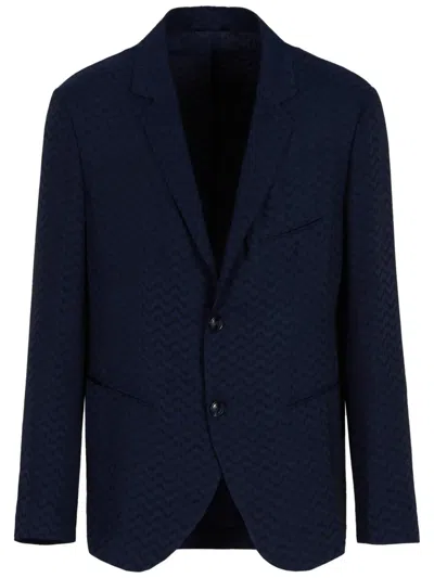 Giorgio Armani Zigzag-print Single-breasted Blazer In Blue
