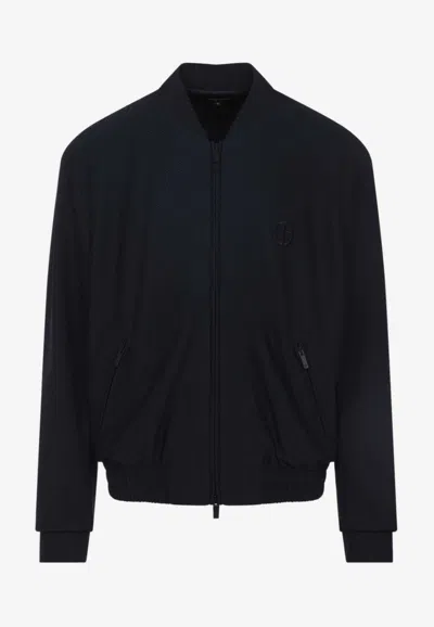 Giorgio Armani Zip-up Bomber Jacket With Embroidered-logo In Blue