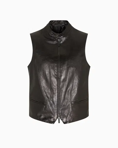 Giorgio Armani Zip-up Gilet In Plonge Nappa Calfskin In Black