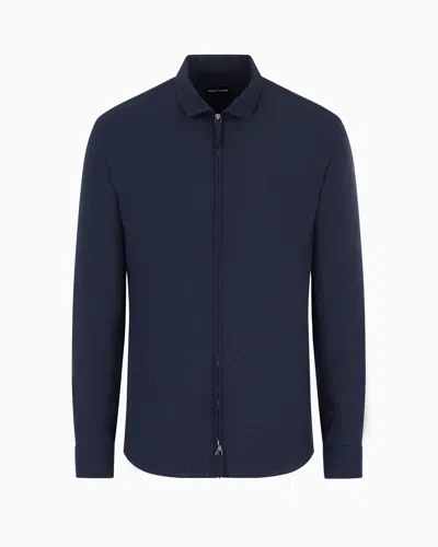 Giorgio Armani Zipped, Cotton-seersucker Shirt In Blue
