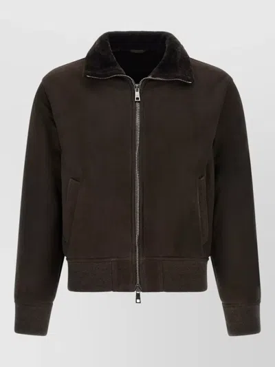 Giorgio Brato Suede Bomber Jacket Shearling Collar Ribbed Trims In Brown