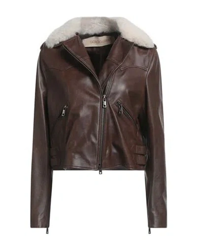 Giorgio Brato Woman Jacket Chocolate Brown Size 6 Leather, Shearling