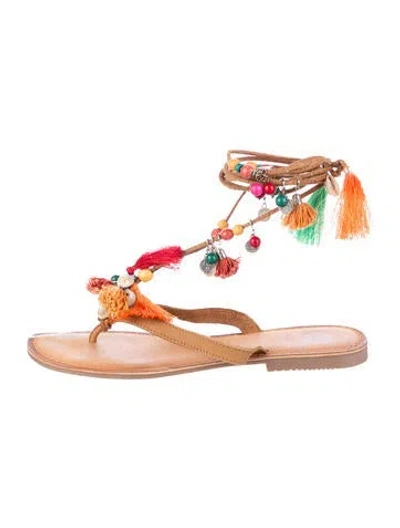 Pre-owned Gioseppo Leather Beaded Accents Gladiator Sandals In Brown
