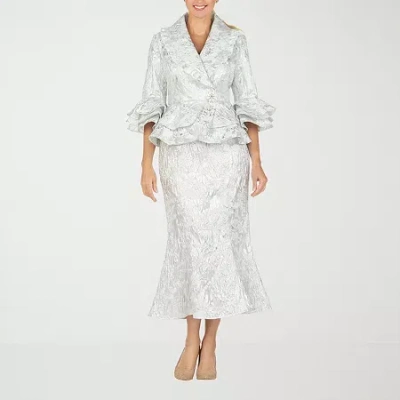 Giovanna Collection 2-pc. Brocade Skirt Suit-plus In Silver