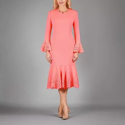 Giovanna Collection Womens Long Sleeve Midi Eyelet Sheath Dress In Pink