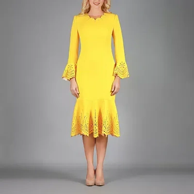 Giovanna Collection Womens Long Sleeve Midi Eyelet Sheath Dress In Yellow