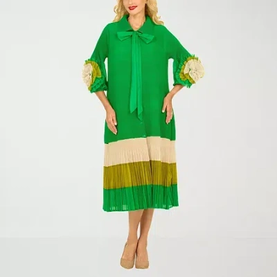 Giovanna Signature Womens Easy-on + Easy-off 3/4 Sleeve Midi Shirt Dress In Green