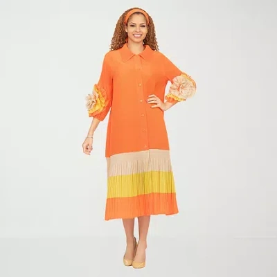 Giovanna Signature Womens Easy-on + Easy-off 3/4 Sleeve Midi Shirt Dress In Orange