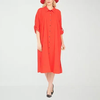 Giovanna Signature Womens Easy-on + Easy-off 3/4 Sleeve Midi Shirt Dress In Red