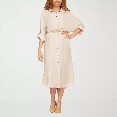 Giovanna Signature Womens Easy-on + Easy-off 3/4 Sleeve Midi Shirt Dress In Sand