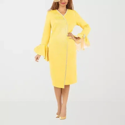 Giovanna Signature Womens Embellished Long Sleeve Shift Dress In Yellow