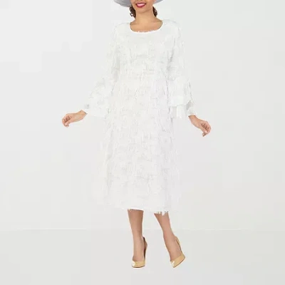 Giovanna Signature Womens Plus Long Sleeve Midi A-line Dress In White