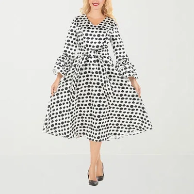 Giovanna Signature Womens Plus Long Sleeve Midi Polka Dot A-line Dress In Multi
