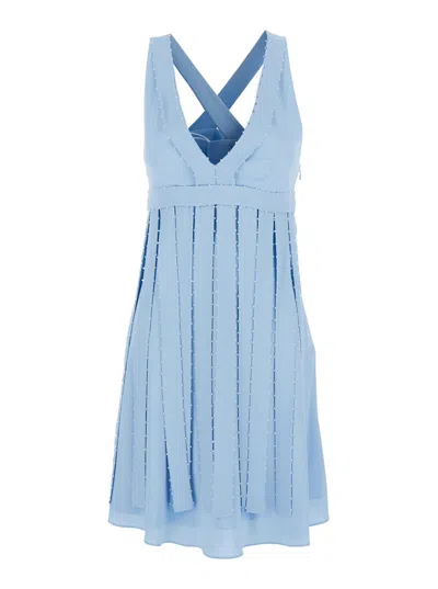 GIOVANNI BEDIN LIGHT BLUE SLEEVELESS MIDI DRESS WITH V NECK AND PEARL EMBELLISHMENTS IN SILK BLEND WOMAN