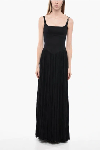 Giovanni Bedin Denim Maxidress With Draped Sheer Skirt In Black