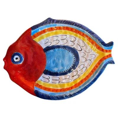Pre-owned Giovanni De Simone De Simone Italian Hand-painted Sicilian Fish Form Ceramic Platter In Brown
