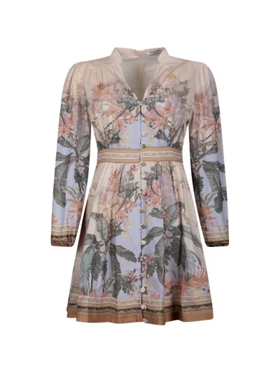 Giovanni Paris Floral-print Button-down Mini Dress In Brown