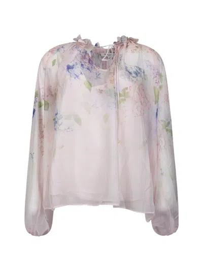 Giovanni Paris Floral-print Ruffled Blouse In Pink