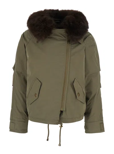 Giovanni Paris Hooded Parka Jacket With Central Zip Pockets For Women In Green