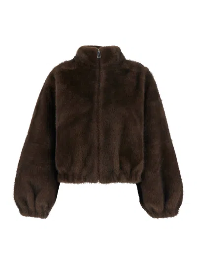 Giovanni Paris Women's Shearling Jacket With Front Zip Closure & Welt Pockets In Brown