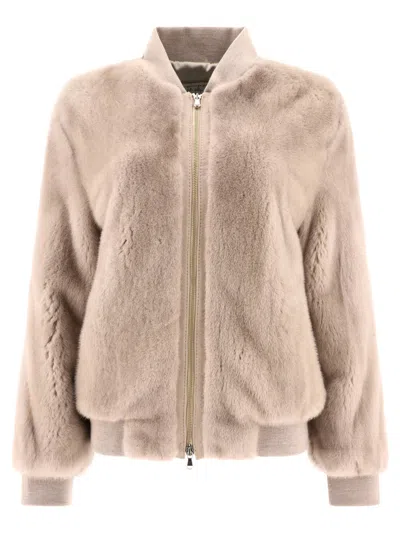 Giovi Beige Mink Fur Bomber Jacket For Women