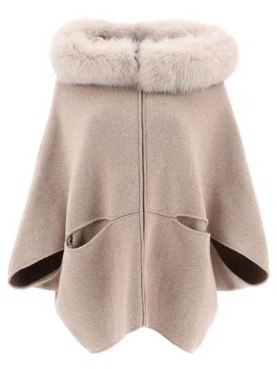 GIOVI GIOVI BEIGE WOOL AND CASHMERE CAPE WITH FUR COLLAR