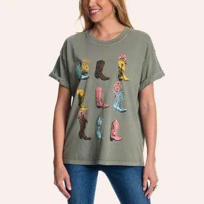 Girl Dangerous Women's Cowboy Boots & Flowers Forest Green Oversized Graphic T-shirt In Gray