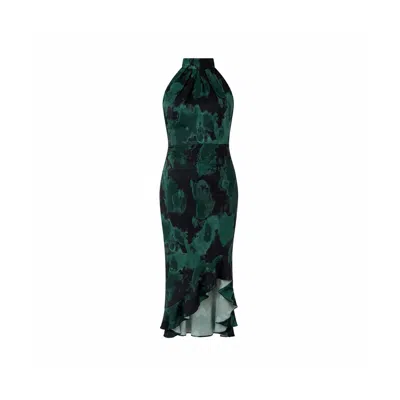Girl In Mind Women's Amani Ruched Halter Neck Midi Dress Green Print