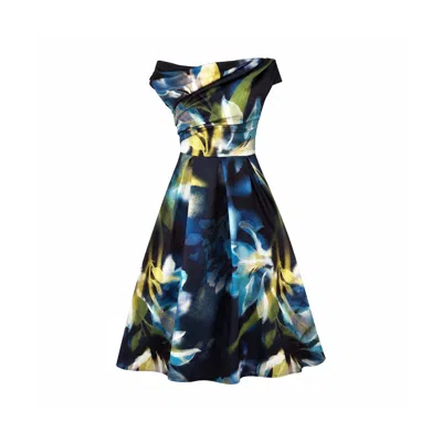 Girl In Mind Women's Betty Asymmetric Neckline Large Floral Skater Midi Dress Sapphire Blue