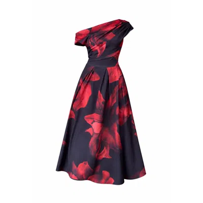 Girl In Mind Women's Betty Asymmetric Neckline Skater Midi Black Floral